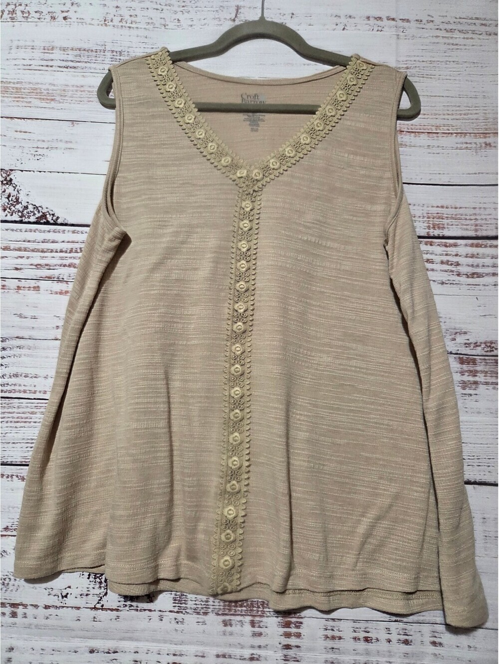 Croft & Barrow PXXL Beige Sleeveless Top Floral Trim Pattern Tunic